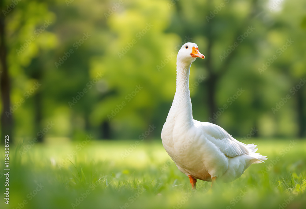 A white and orange duck standing on a grassy field with trees in the background A white and orange duck standing on a grassy field with trees in the background