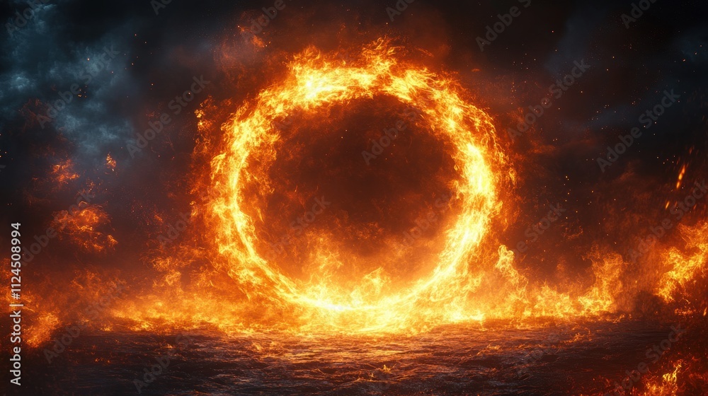 Fiery Circular Portal Abstract Art with Swirling Flames and High Contrast Lighting Fiery Circular Portal Abstract Art with Swirling Flames and High Contrast Lighting