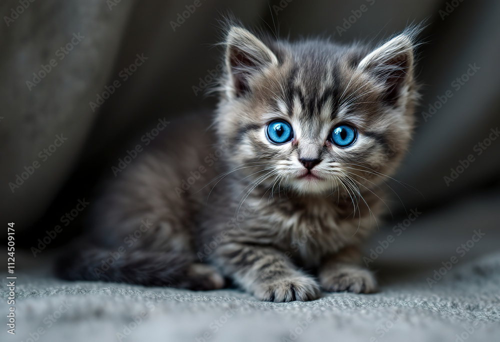 A young grey exotic shorthair kitten with large blue eyes sitting on a textured surface