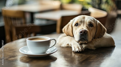 Adorable golden retriever rests its head on a table beside a cup of coffee in a cafe.