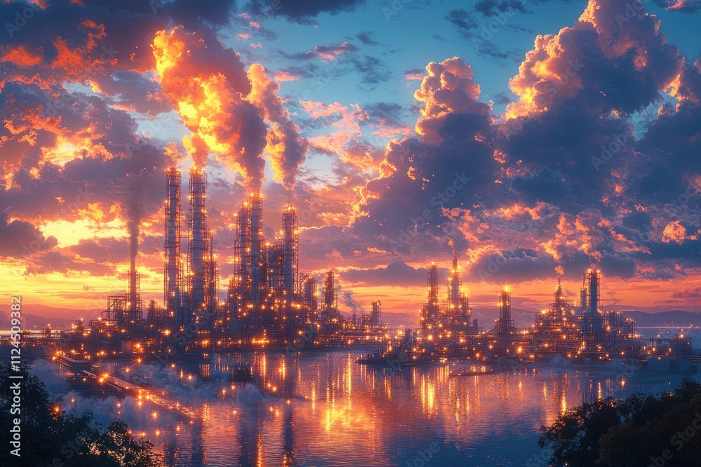 Fototapeta premium Refinery at Dusk with Pipework and Towers