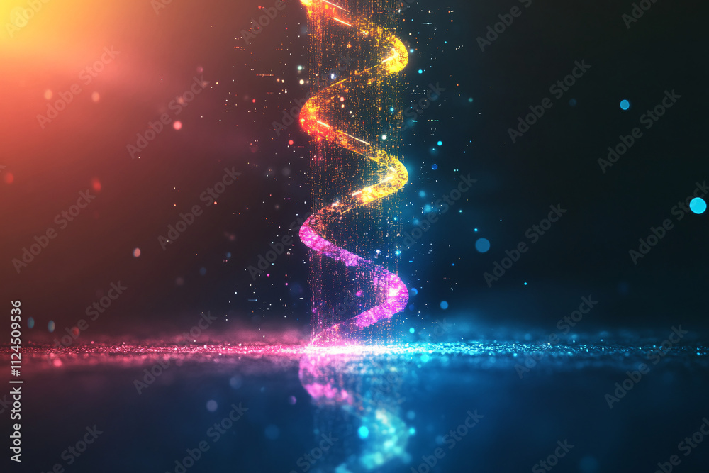 Obraz premium Colorful glowing DNA spiral with rainbow hues and sparkling light effects on a dark futuristic background 