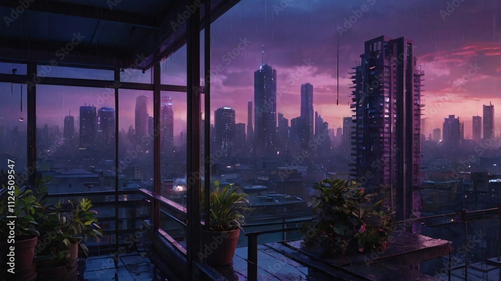Neon Cyberpunk Cityscape with Rainy Balcony View at Sunset V2 Neon Cyberpunk Cityscape with Rainy Balcony View at Sunset V2