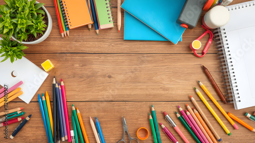 Frame of school supplies on wooden desk. Top view. Flat lay. Education business background.