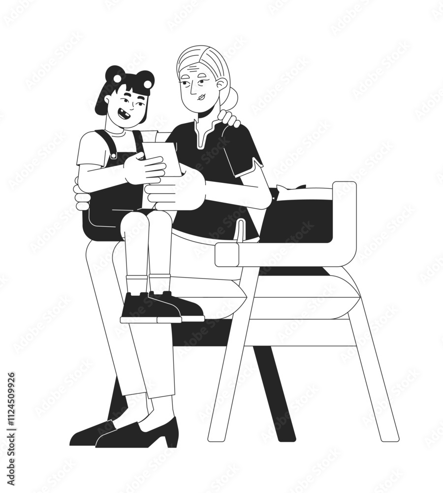 Chinese granny giving hongbao to granddaughter black and white 2D line characters. Asian grandmother gifting red envelope holiday girl isolated vector outline people. Monochromatic spot illustration Chinese granny giving hongbao to granddaughter black and white 2D line characters. Asian grandmother gifting red envelope holiday girl isolated vector outline people. Monochromatic spot illustration