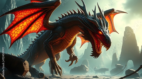 Fierce Dragon in Mountain Pass: A majestic, powerful dragon with fiery orange wings and glowing red eyes stands guard in a dramatic mountain pass. Its scales gleam. photo