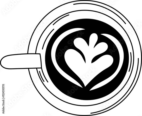 Black and white line art illustration of a coffee cup with latte art.