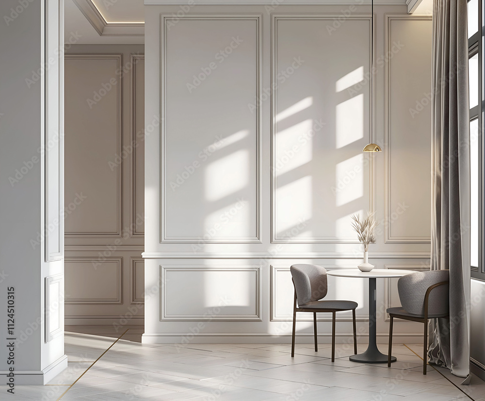 Aesthetic elegant minimalist modern interior design. Clear mock up empty wall for decoration in the apartment. Copy space in the room. Neutral palette of natural colors. Aesthetic elegant minimalist modern interior design. Clear mock up empty wall for decoration in the apartment. Copy space in the room. Neutral palette of natural colors.
