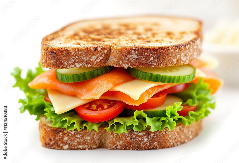 Close up sandwich with salmon, fresh tomatoes and cucumber, cheese and lettuce with toasted bread. Isolated on the white background Close up sandwich with salmon, fresh tomatoes and cucumber, cheese and lettuce with toasted bread. Isolated on the white background