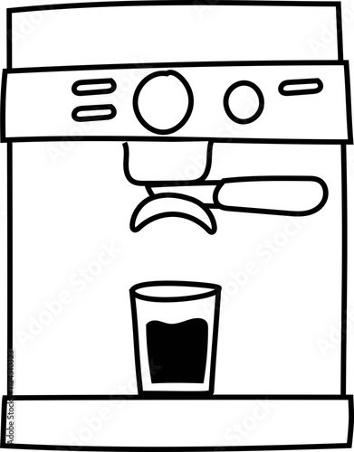 Black and white line art of an espresso machine with a portafilter and a coffee cup underneath.