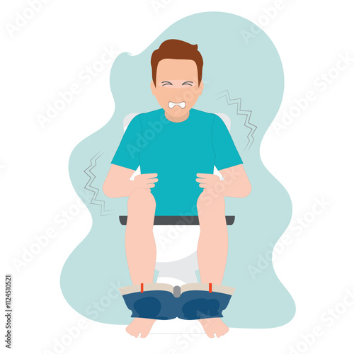 Man sitting in the toilet bowl in the bathroom.