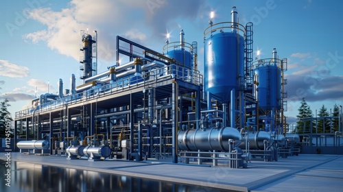 Engineers discussing blueprints of a large hydrogen energy plant, with storage tanks and piping systems in the background