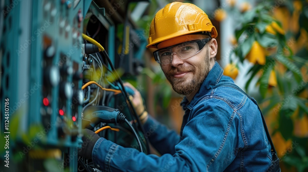 Smiling male technician in hard hat and safety glasses works on industrial machinery. Smiling male technician in hard hat and safety glasses works on industrial machinery.