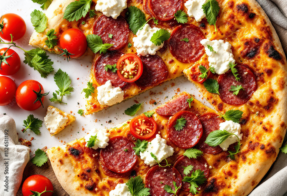 Hot meat pizza with salami, cream cheese Feta and Tomato Slices decorated with fresh greens on the white background isolated Hot meat pizza with salami, cream cheese Feta and Tomato Slices decorated with fresh greens on the white background isolated