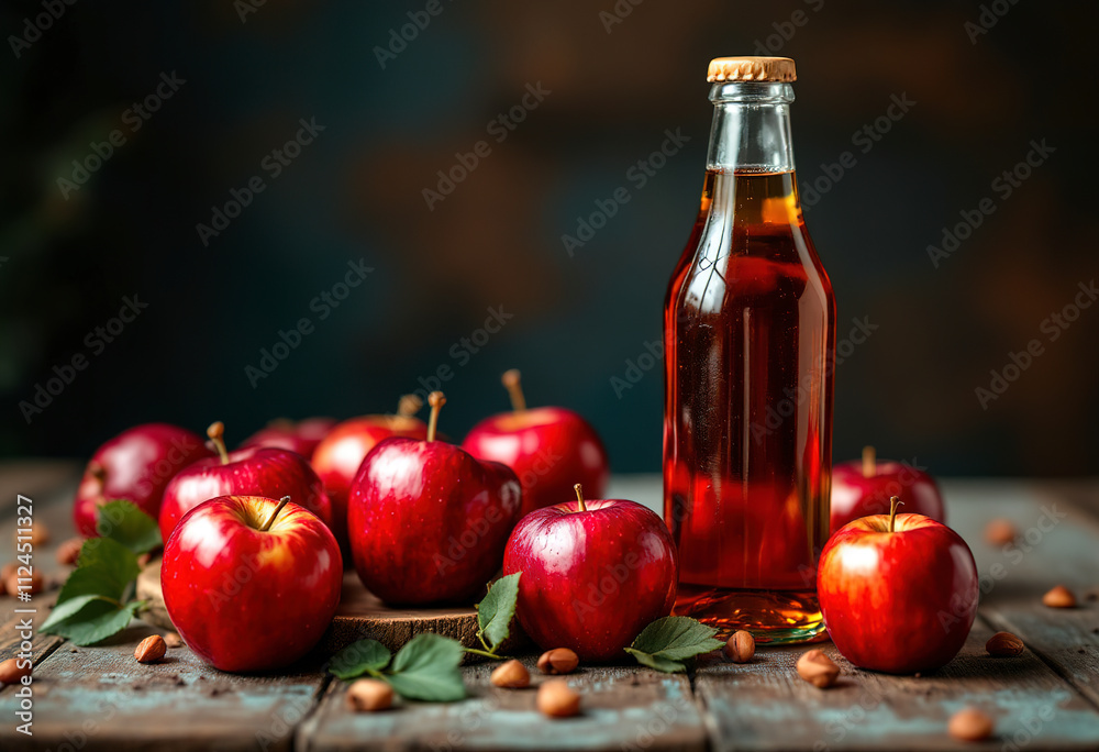 Red apples and a bottle of apple cider on a wooden table against a blurred background Red apples and a bottle of apple cider on a wooden table against a blurred background