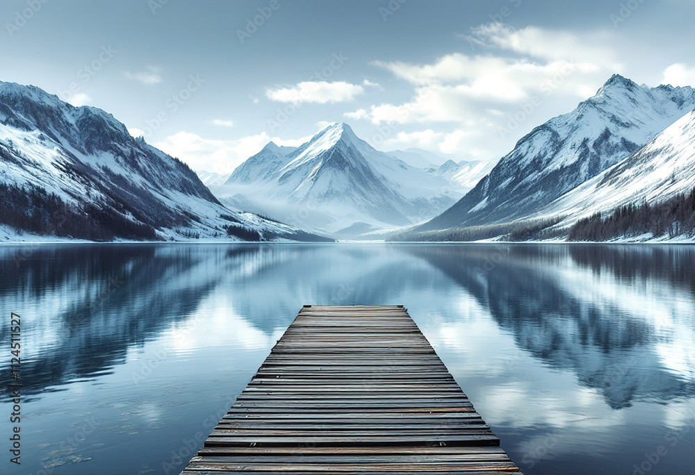 Snowy mountains with a wooden dock in the foreground, reflecting in a calm body of water Snowy mountains with a wooden dock in the foreground, reflecting in a calm body of water