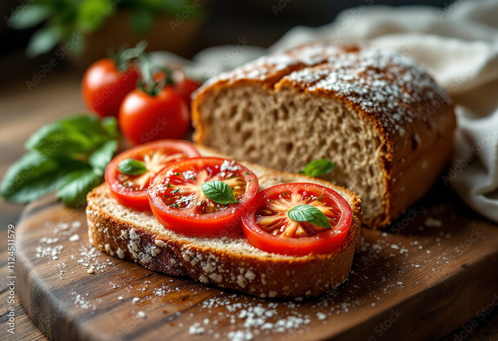 Sliced whole grain bread with fresh tomatoes on a wooden surface Sliced whole grain bread with fresh tomatoes on a wooden surface