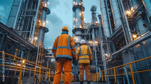 Engineers inside a biomass power plant inspecting equipment with green plant materials around the site photo