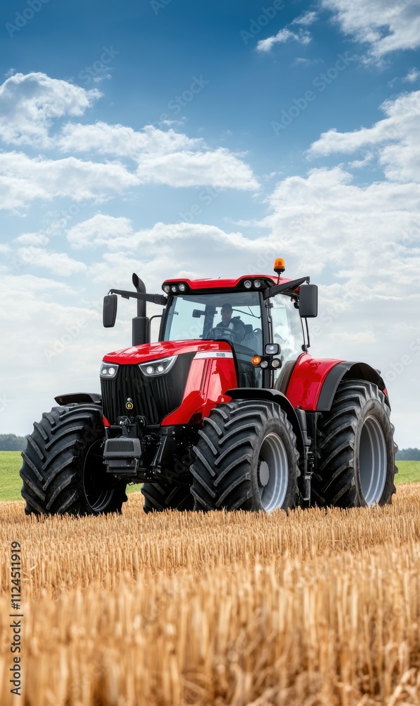 Fototapeta premium Red Agricultural Tractor Working in a Golden Wheat Field Under a Bright Blue Sky with White Clouds