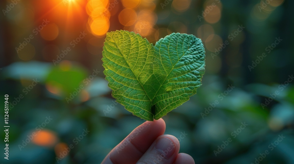 A hand holds a green leaf with a heart shape on a blurred nature background A hand holds a green leaf with a heart shape on a blurred nature background