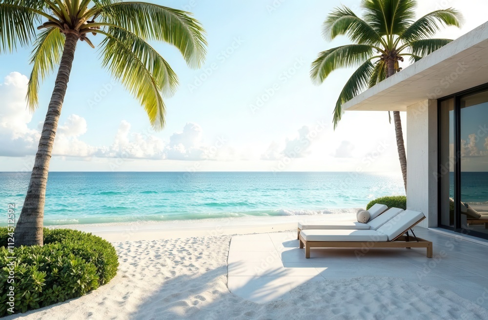 Tropical beach landscape with palm trees, sun loungers and villa Tropical beach landscape with palm trees, sun loungers and villa