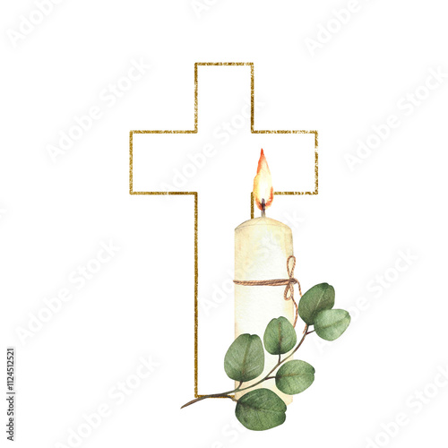 Golden Cross with a white burning candle and green eucalyptus branch. Watercolor religious hand drawn illustration. Gold framed cross. Clipart for christening, wedding card. Isolated from background