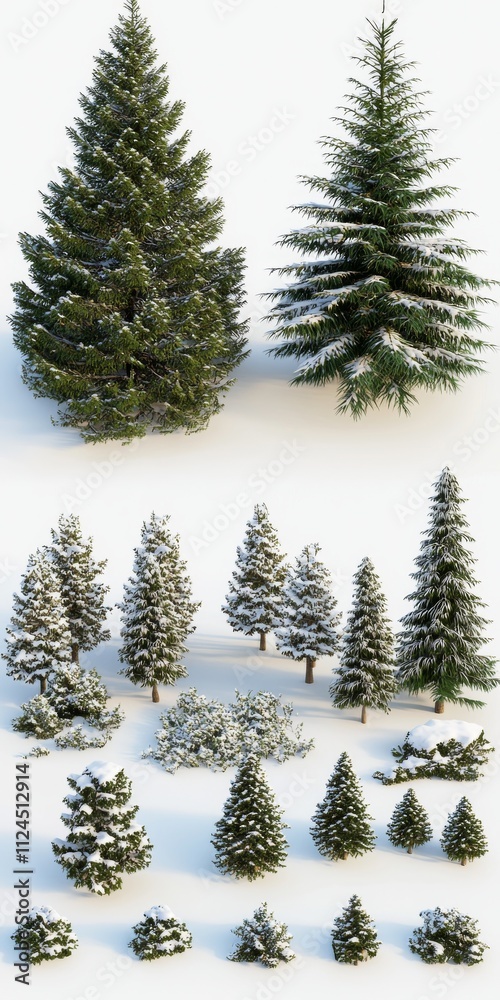 Obraz premium A collection of snowy evergreen trees in various sizes, creating a serene winter landscape.