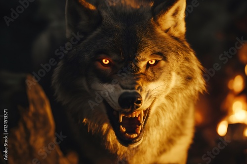 Close up of a wolf baring its teeth and glowing eyes in a dark forest with a fire in the background photo