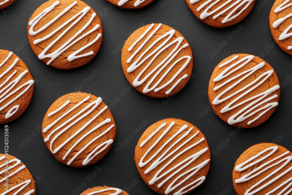 Delicious Round Cookies with White Icing on Dark Background Surface Delicious Round Cookies with White Icing on Dark Background Surface