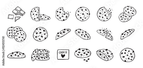 Chocolate chips cookie hand drawn doodle icon set. Drawing black and white sketch biscuit. Chocolate biscuit collection.
