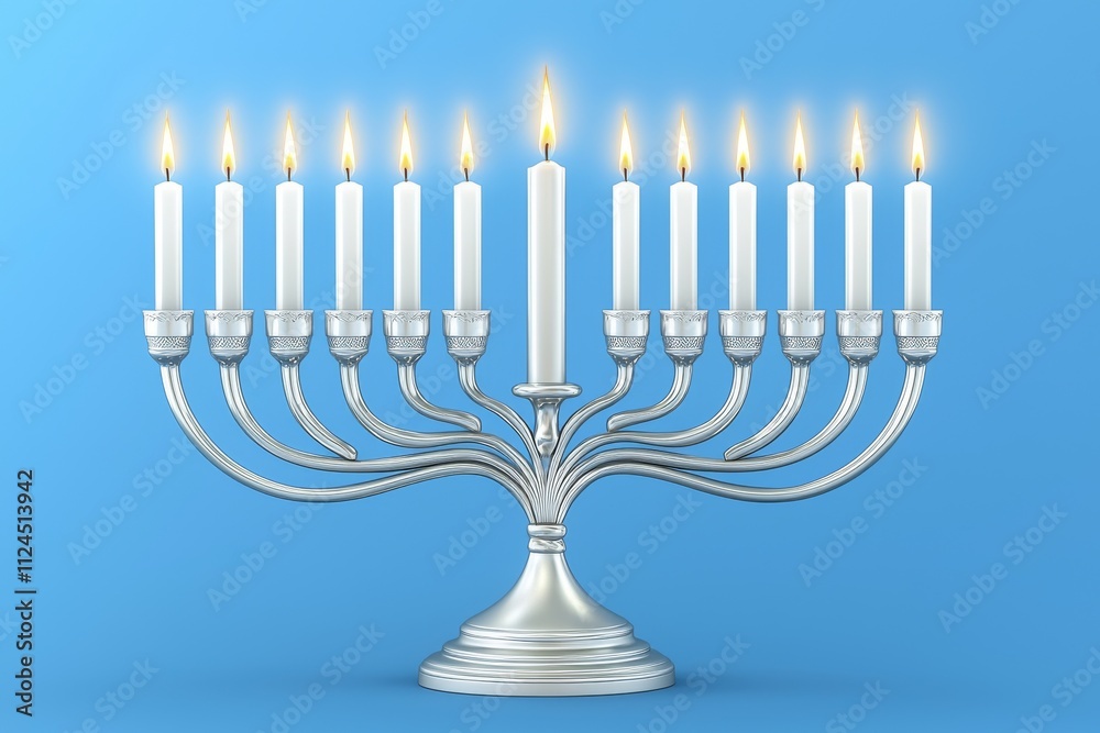 A beautifully crafted silver menorah with lit candles, symbolizing tradition and light during celebrations. A beautifully crafted silver menorah with lit candles, symbolizing tradition and light during celebrations.