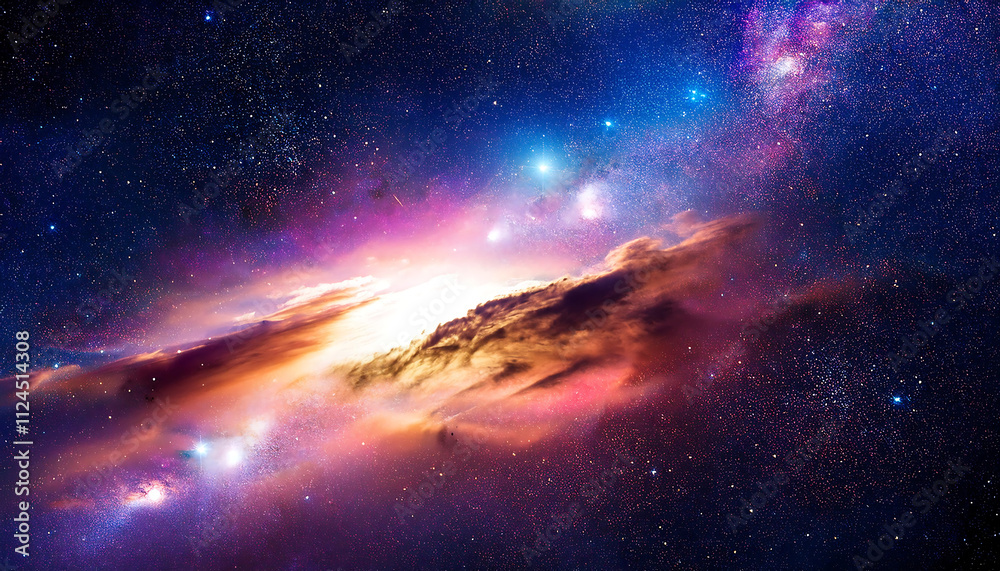 Fototapeta premium Vivid Cosmic Nebula: A Stunning Galaxy Cluster with Radiant Stars and Colorful Clouds of Gas and Dust in the Depths of Space