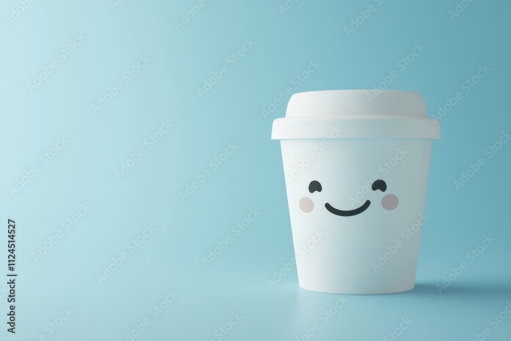 A cheerful smiling coffee cup against a soft blue background, exuding a playful and inviting atmosphere. A cheerful smiling coffee cup against a soft blue background, exuding a playful and inviting atmosphere.