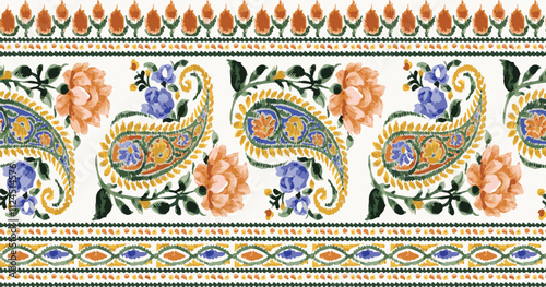 Traditional seamless paisley border vector. ethnic paisley pattern border design. Paisley Floral oriental ethnic Pattern. Vector horizontal seamless background with colorful flowers.