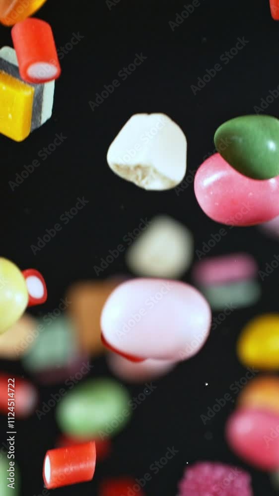 Super Slow Motion of Flying Candies up in the Air. Isolated on Black Background. Filmed on High Speed Cinema Camera, 1000 fps. Vertical Aspect Ratio.
