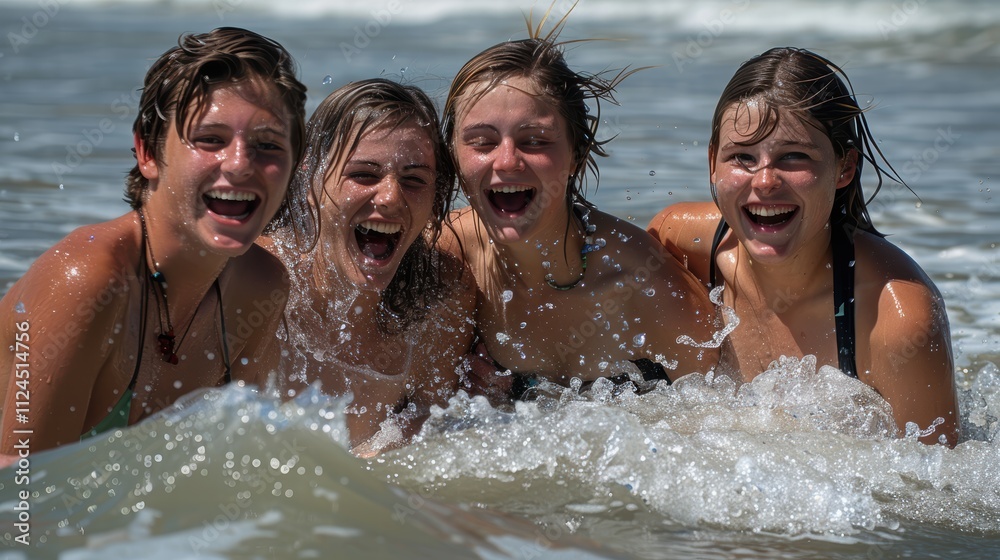 Friends laughing and splashing each other in shallow ocean waters, capturing the joy of a sunny beach day Friends laughing and splashing each other in shallow ocean waters, capturing the joy of a sunny beach day