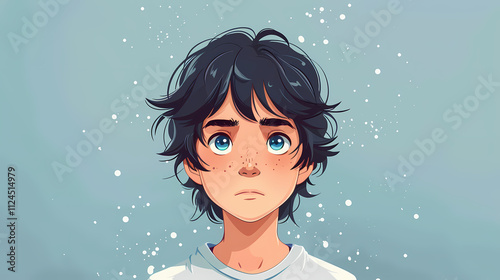 Youthful Contemplation: A digital painting of a boy with blue eyes and dark hair, gazing pensively upward amidst a soft blue-tinged background.