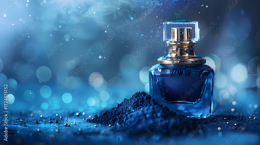 Blue Perfume Bottle With Sparkle Background: A luxurious and alluring blue perfume bottle sits on a bed of sparkling blue powder, bathed in a soft, ethereal light. Blue Perfume Bottle With Sparkle Background: A luxurious and alluring blue perfume bottle sits on a bed of sparkling blue powder, bathed in a soft, ethereal light.