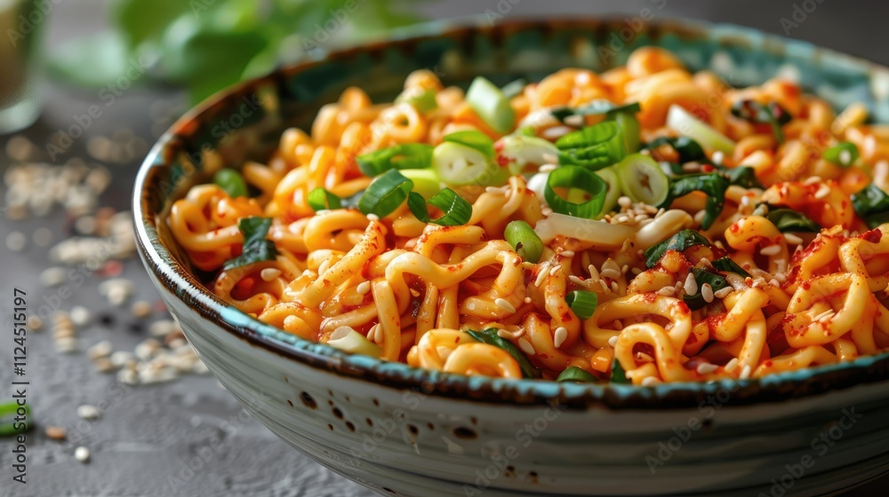 Spicy noodles in a bowl, garnished with green onions and sesame seeds. Spicy noodles in a bowl, garnished with green onions and sesame seeds.