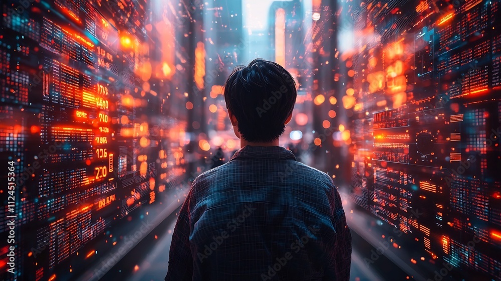 Businessman Interacting with Holographic Market Display in High Tech Environment