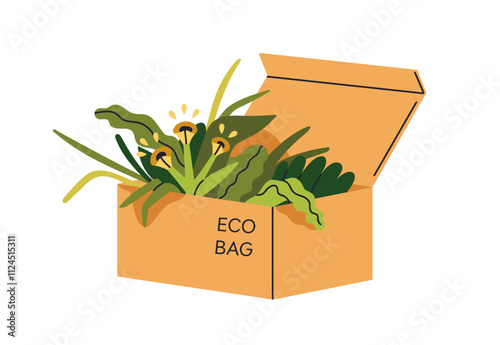 Eco-friendly cardboard box with green plants inside. Recycled reusable biodegradable package with greenery. Ecological shopping, delivery concept. Flat vector illustration isolated on white background