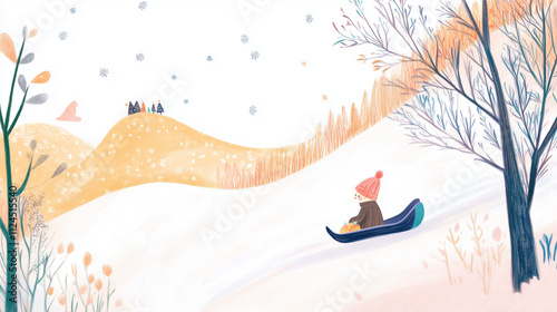 Child playing in snow with sled on hill, joyful atmosphere, winter fun, minimalist illustration
