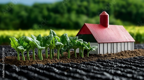 Miniature Farmhouse and Growing Crops: A miniature farmhouse with a red roof sits amidst a field of growing crops, capturing the essence of rural life and the cycle of nature.  