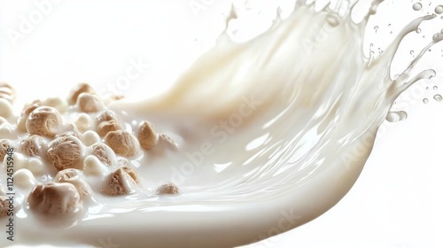 Dynamic Milk Splash Isolated on White Background High-Speed Photography Creamy Texture