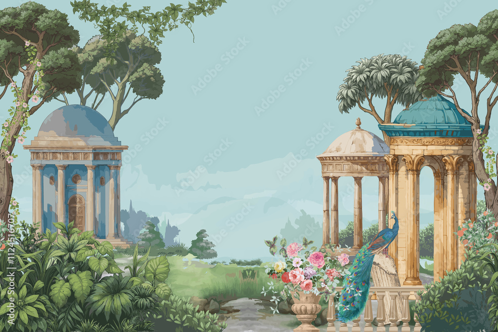 custom made wallpaper toronto digitalFrench royal botanic garden landscape with Roman temple, wild tree, plants, peacock and flower vase seamless pattern