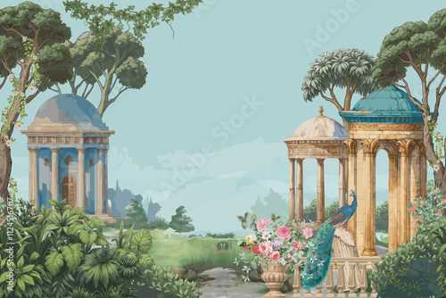 Fototapeta Naklejka Na Ścianę i Meble -  French royal botanic garden landscape with Roman temple, wild tree, plants, peacock and flower vase seamless pattern