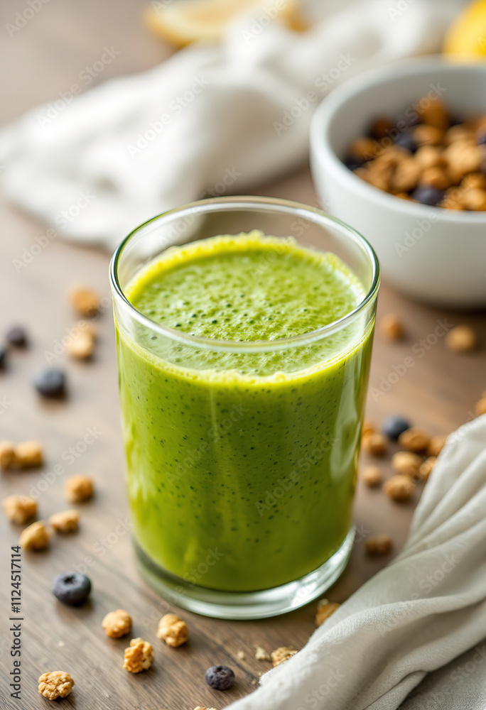 A green smoothie in a glass with a bowl of what appears to be granola or cereal in the background on a wooden surface A green smoothie in a glass with a bowl of what appears to be granola or cereal in the background on a wooden surface