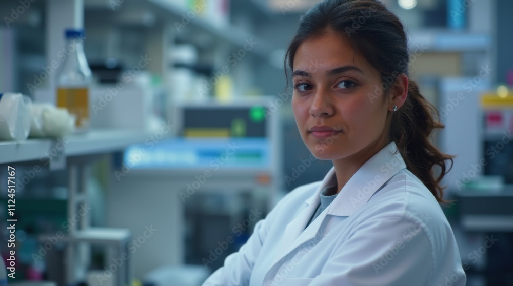 Scientist in a laboratory wearing a white coat with scientific equipment and glassware in the background Scientist in a laboratory wearing a white coat with scientific equipment and glassware in the background