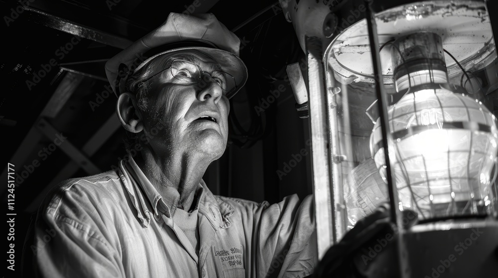 Lighthouse keeper inspecting the lantern room of a classic lighthouse, ensuring the light is ready to guide sailors at night Lighthouse keeper inspecting the lantern room of a classic lighthouse, ensuring the light is ready to guide sailors at night