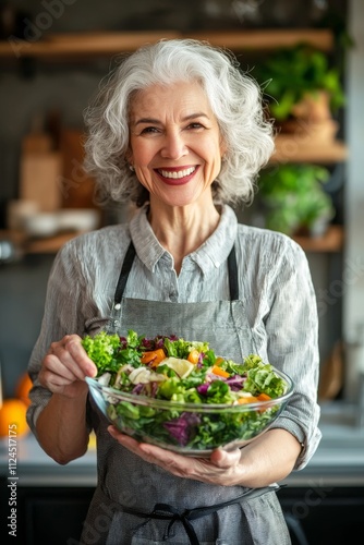 Joyful Caucasian woman in an apron proudly holds a fresh salad in a bright kitchen.